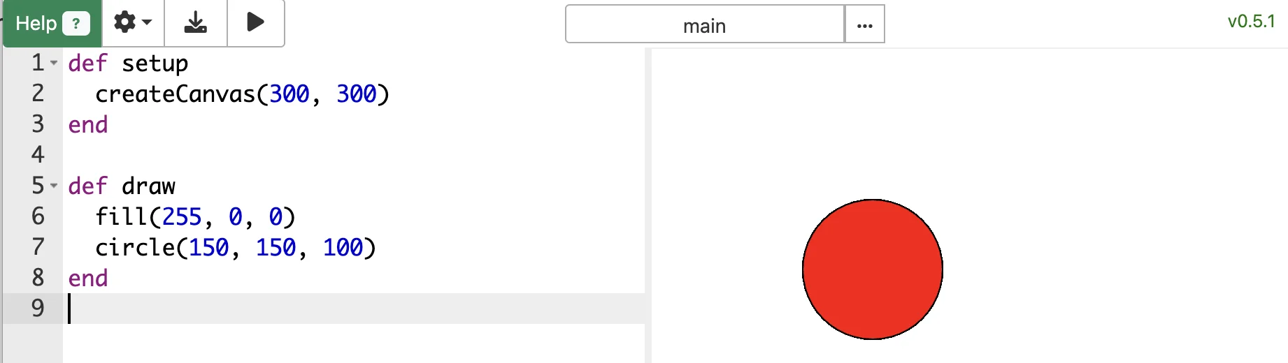 Rubyのコードで赤い円を1つ描いた実行例